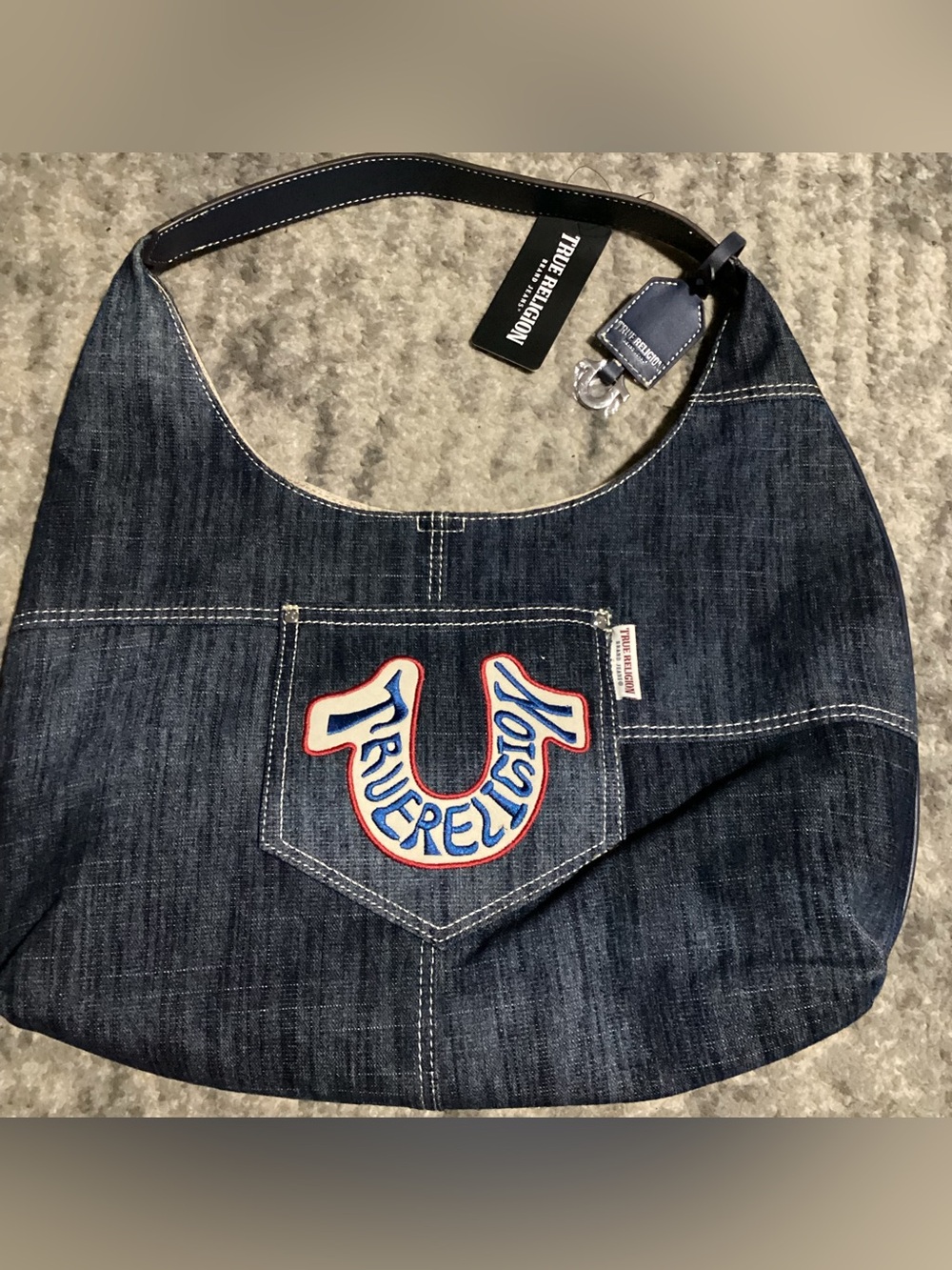 True Religion Denim Hobo Bag Retro Logo Dark Blue NWT